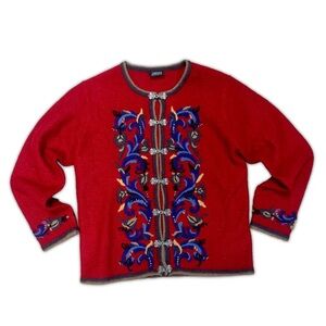 Vintage Vrikke Norwegian Wool Cardigan Sweater Red Embroidered